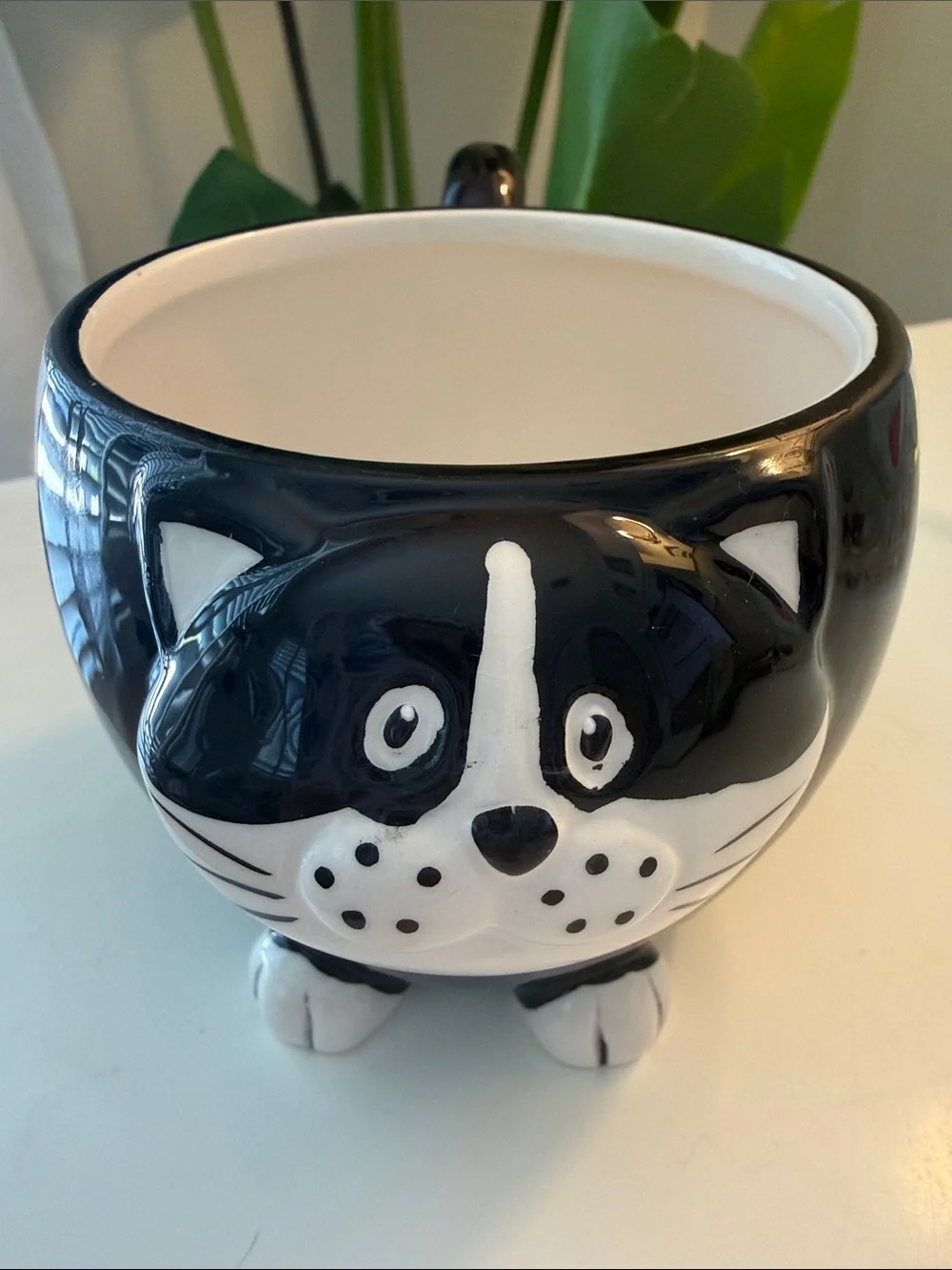 Chubby Cat Mug Pier 1 Imports Black & White Coffee Cup Hand Painted 12 oz